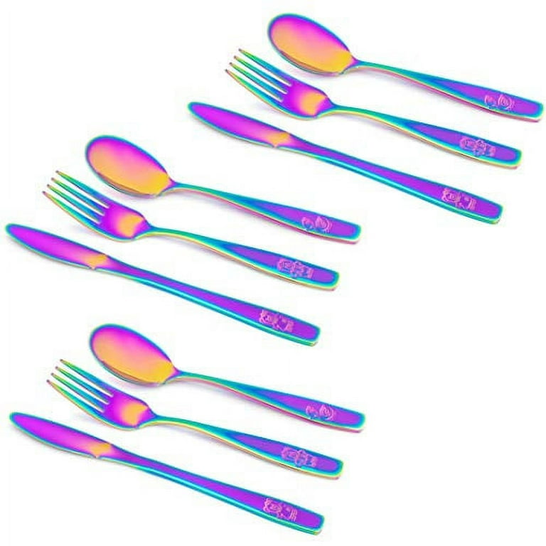 GlossyEnd 9 Piece Stainless Steel Rainbow Kids Cutlery Child and Toddler Safe Flatware Kids Silverware Kids Utensil Set Includes 3 Knives 3 Forks 3 SP