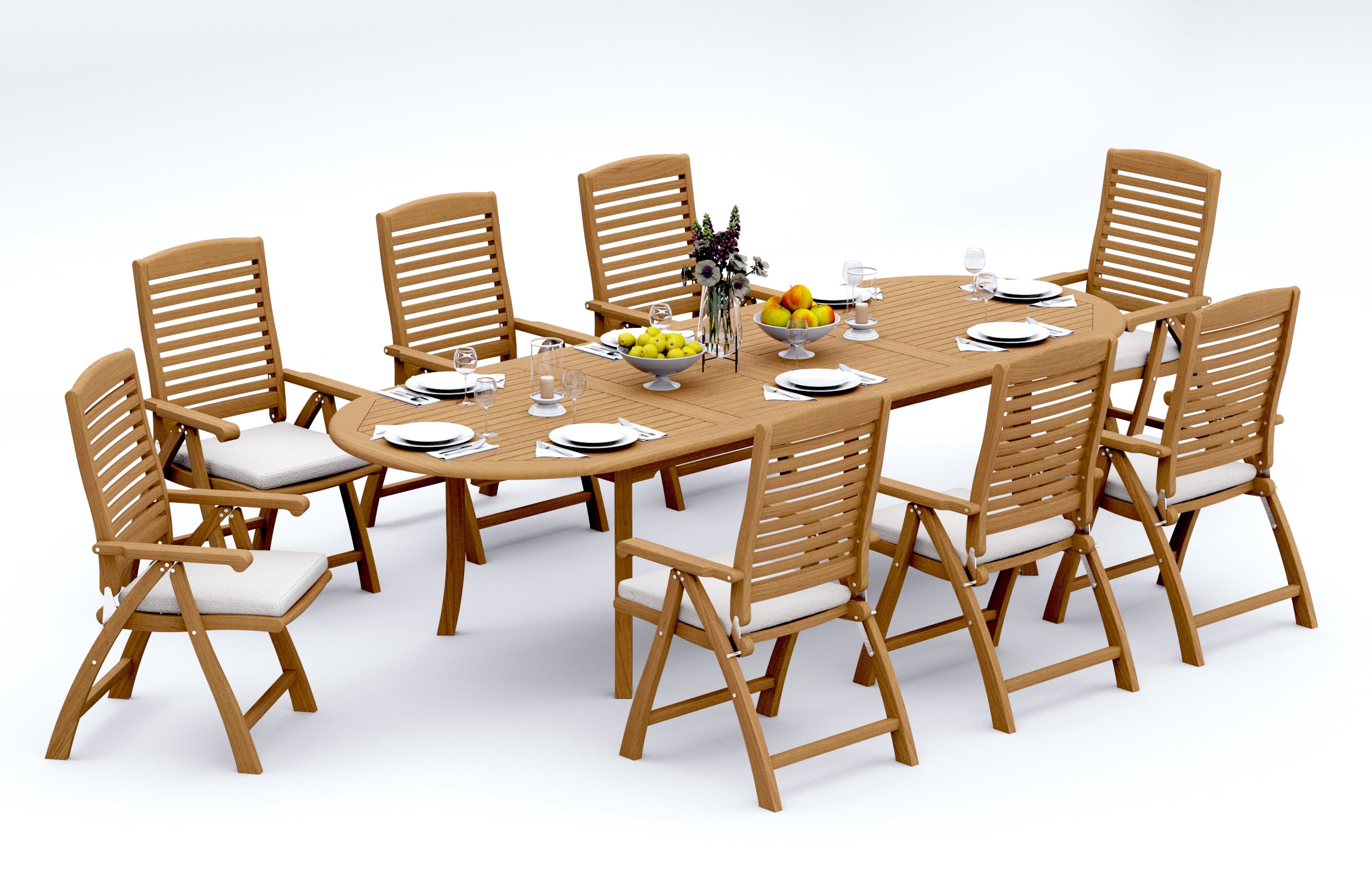 9-Piece Teak Dining Set: 117" Oval Extendable Table + 8 Ashley Folding ...