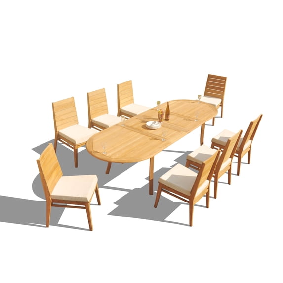 9-Piece Teak Dining Set: 117" Oval Extendable Table + 8 Charleston Stacking Armless Chairs