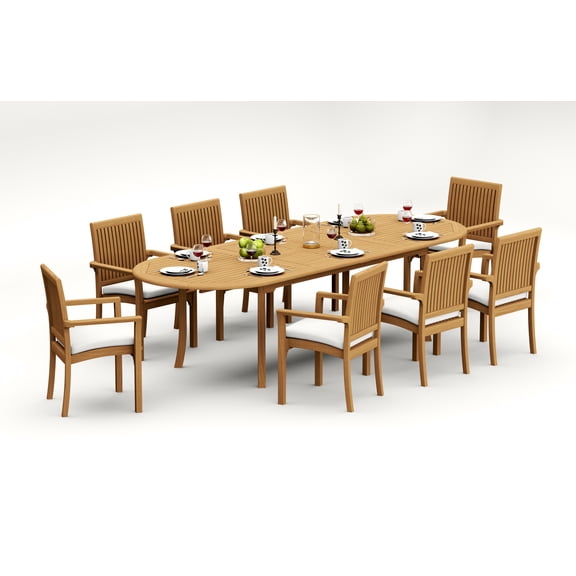 9-Piece Teak Dining Set: 117" Oval Extendable Table + 8 Lua Stacking Arm Chairs