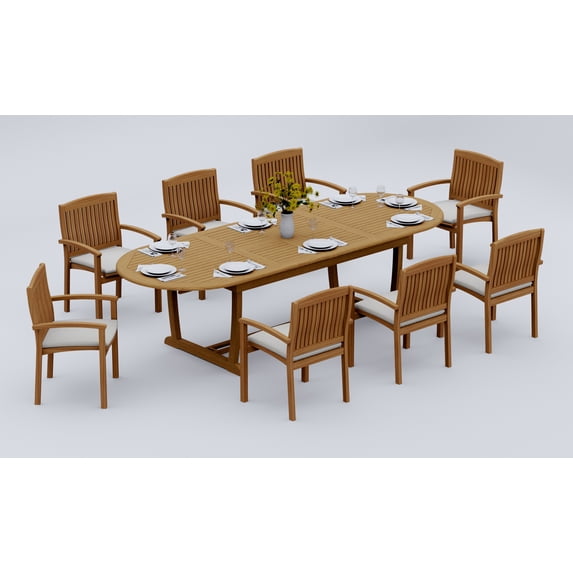 9-Piece Teak Dining Set: 117" Oval Extendable Table + 8 Wave Stacking Arm Chairs
