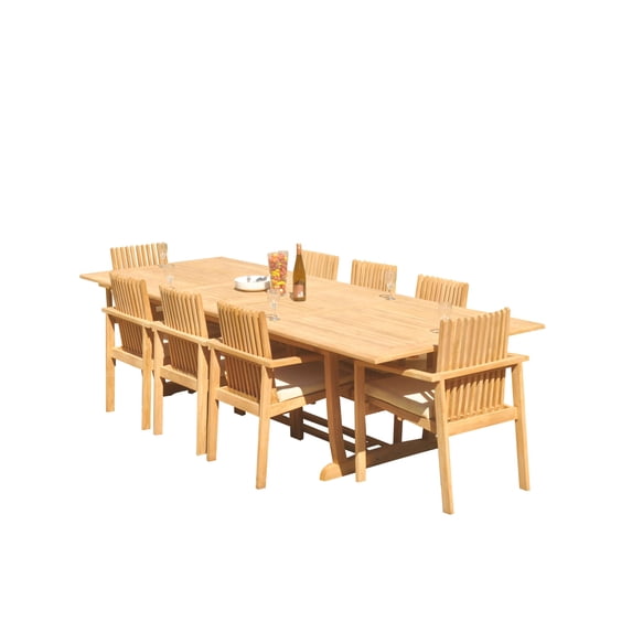 9-Piece Teak Dining Set: 117" Rectangle Extendable Table + 8 Clipper Stacking Arm Chairs