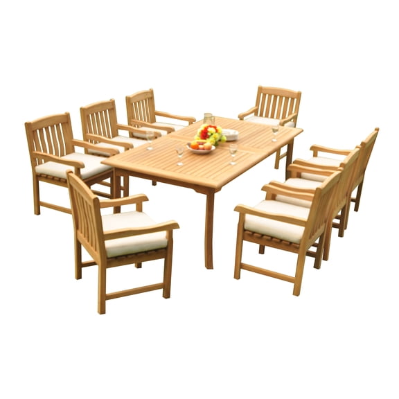 9-Piece Teak Dining Set: 117" Rectangle Extendable Table + 8 Devon Arm Chairs