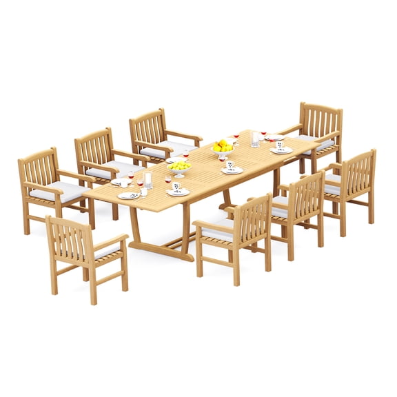 9-Piece Teak Dining Set: 117" Rectangle Extendable Table + 8 Devon Arm Chairs