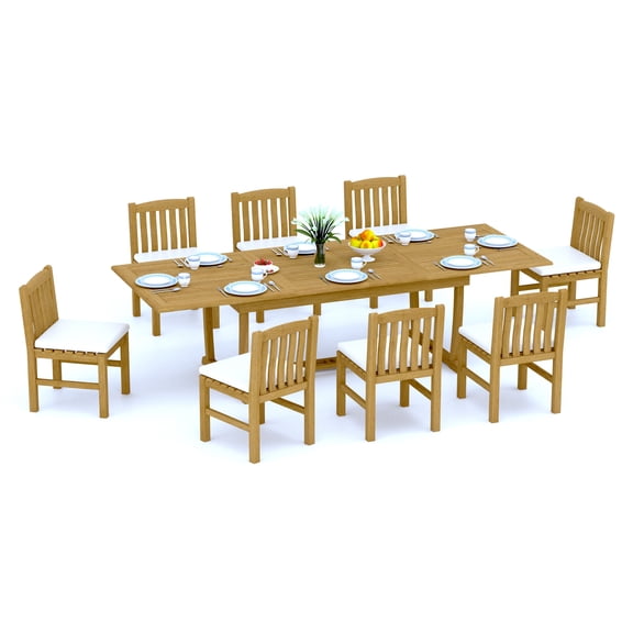 9-Piece Teak Dining Set: 117" Rectangle Extendable Table + 8 Devon Armless Chairs