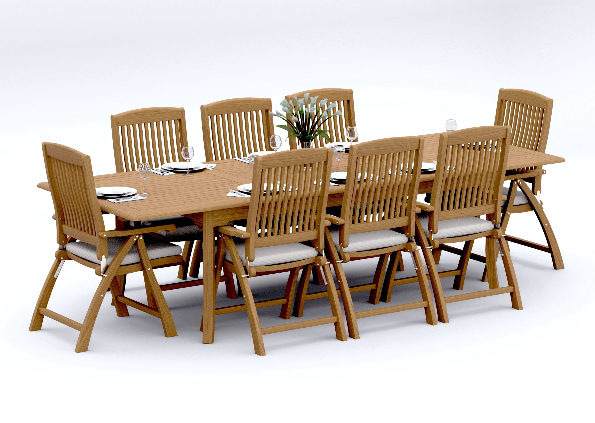 9-Piece Teak Dining Set: 117" Rectangle Extendable Table + 8 Marley ...