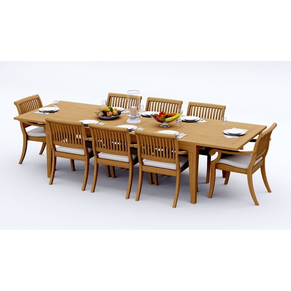 9-Piece Teak Dining Set: 122" Rectangular Extendable Table + 8 Arbor Stacking Arm Chairs