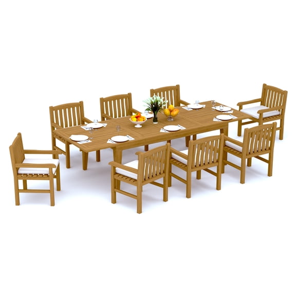 9-Piece Teak Dining Set: 122" Rectangular Extendable Table + 8 Devon Arm Chairs