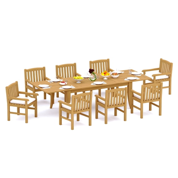9-Piece Teak Dining Set: 122" Rectangular Extendable Table + 8 Devon Arm Chairs
