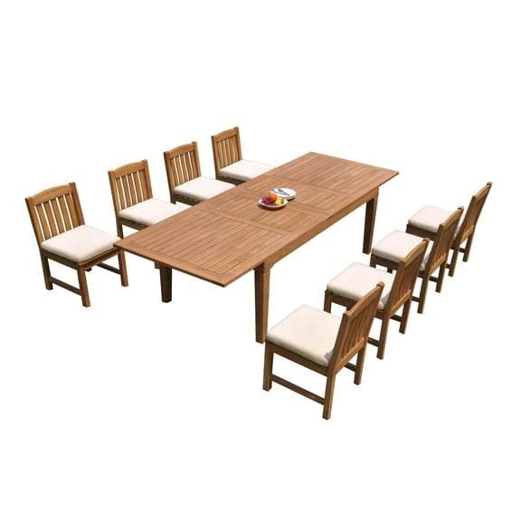 9-Piece Teak Dining Set: 122" Rectangular Extendable Table + 8 Devon Armless Chairs