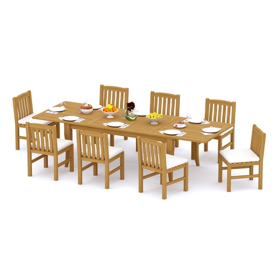9-Piece Teak Dining Set: 122" Rectangular Extendable Table + 8 Devon Armless Chairs