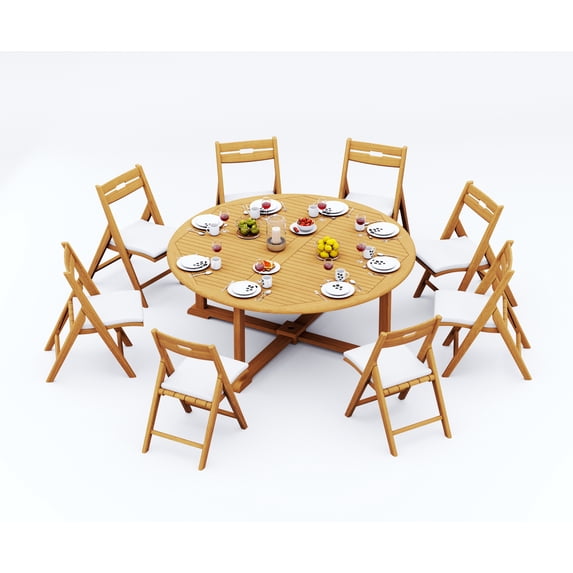 9-Piece Teak Dining Set: 72" Round Table + 8 Surf Folding Armless Chairs