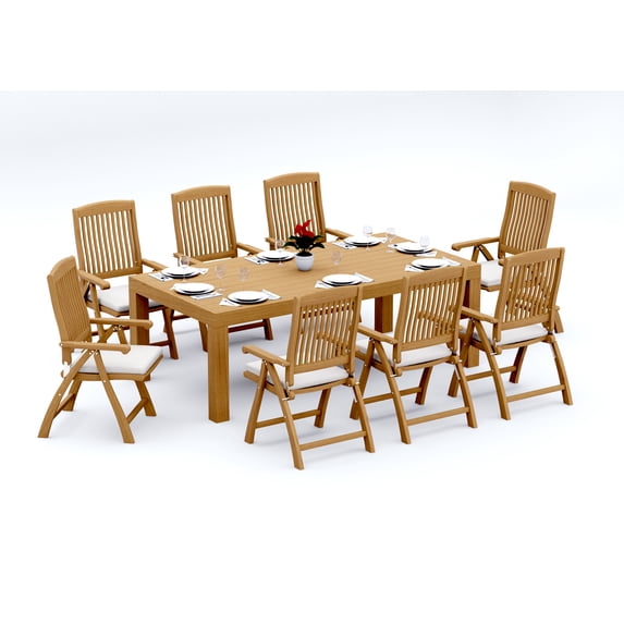 9-Piece Teak Dining Set: 86" Rectangle Table + 8 Marley Folding/Reclining Arm Chairs