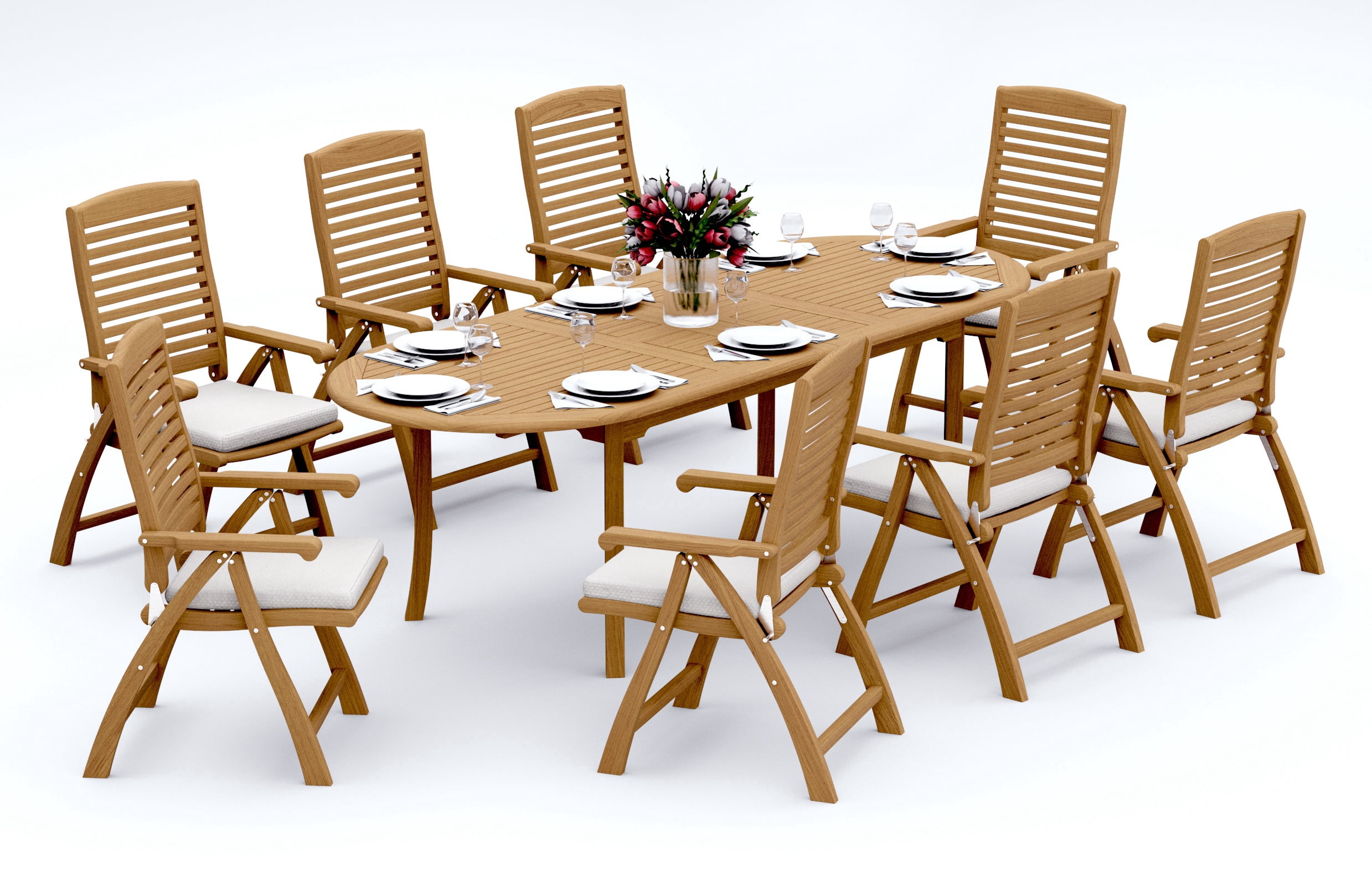 9-Piece Teak Dining Set: 94" Oval Extendable Table + 8 Ashley Folding ...