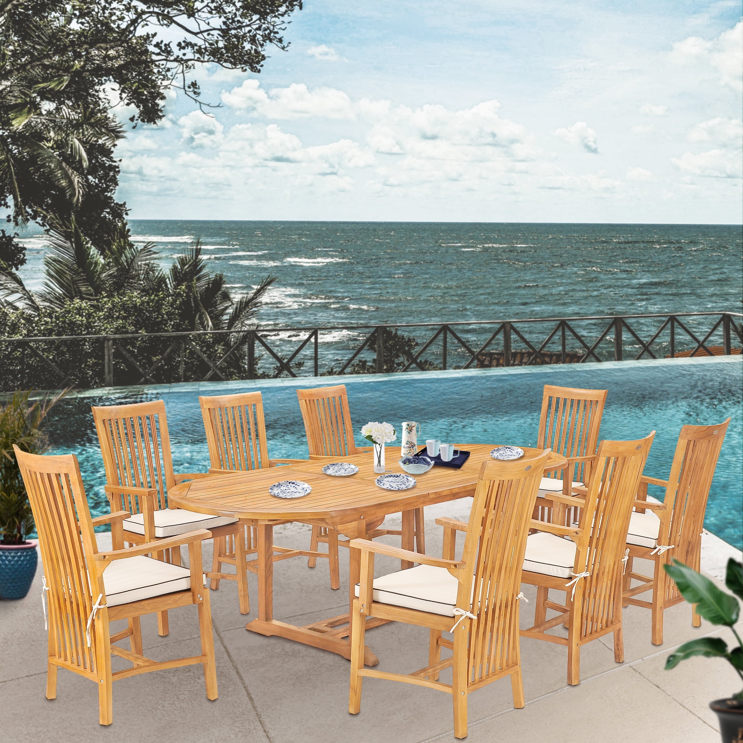 9 Piece Teak Wood Balero Outdoor Patio Dining Set including Oval ...