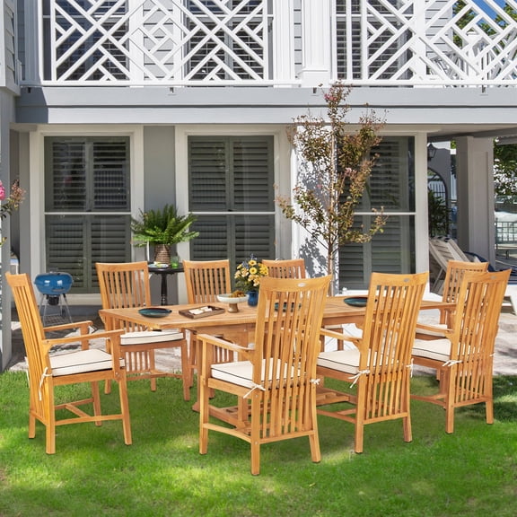 9 Piece Teak Wood Balero Outdoor Patio Dining Set including Rectangular Extension Table & 8 Arm Chairs