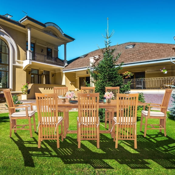 9 Piece Teak Wood Balero Rectangular Extension Outdoor Patio Dining Set with 2 Arm and 6 Side Chairs