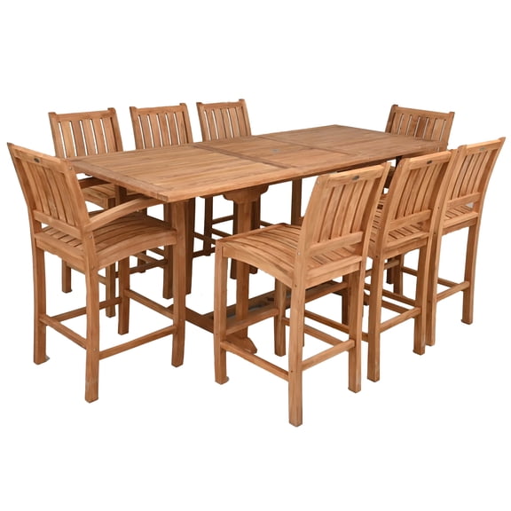 9 Piece Teak Wood Outdoor Patio Bar Set Including Rectangular Extension Bar Table, 2 Abacho Barstools with Arms & 6 Armless Barstools