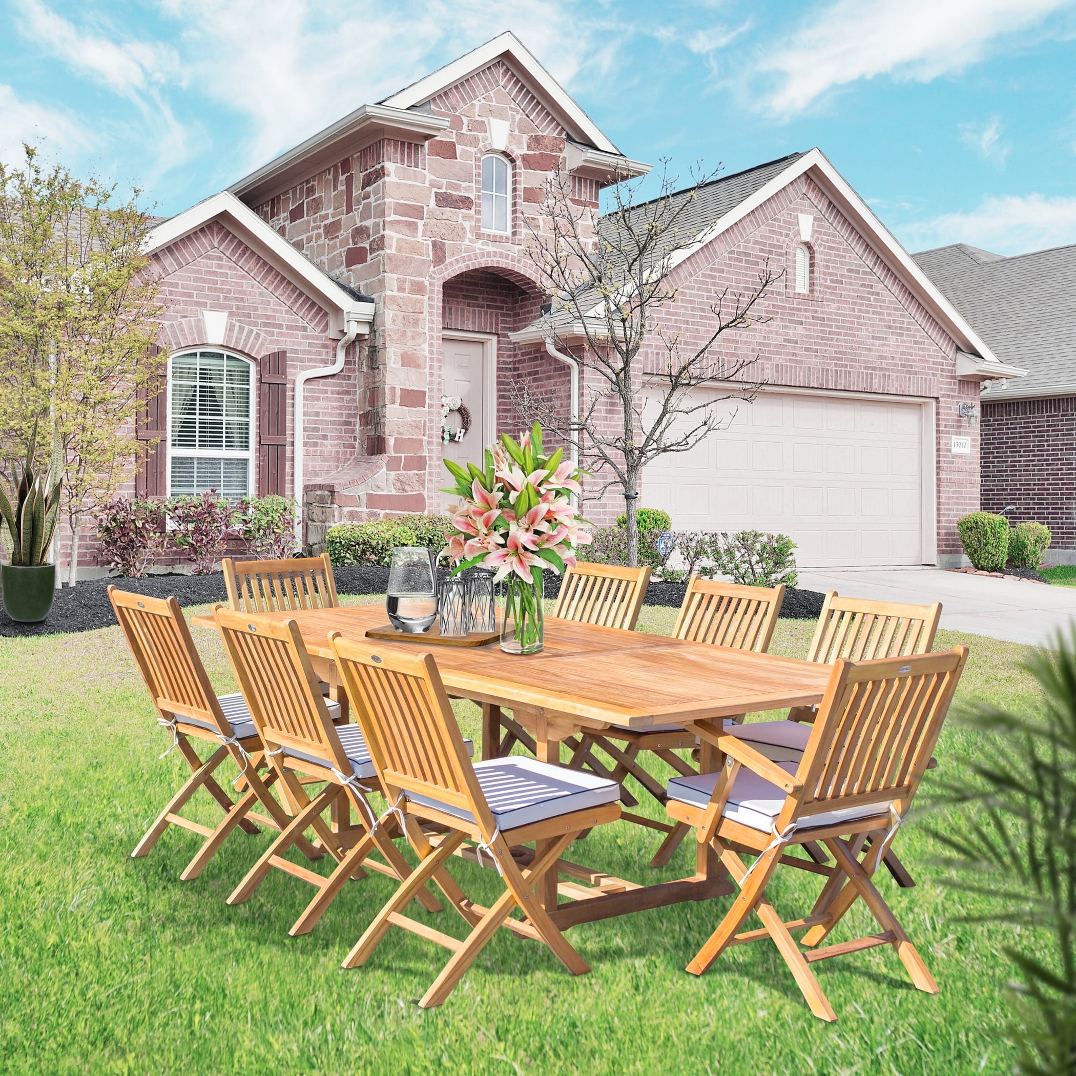 9 Piece Teak Wood Santa Barbara Outdoor Patio Dining Set w/ Rectangular ...