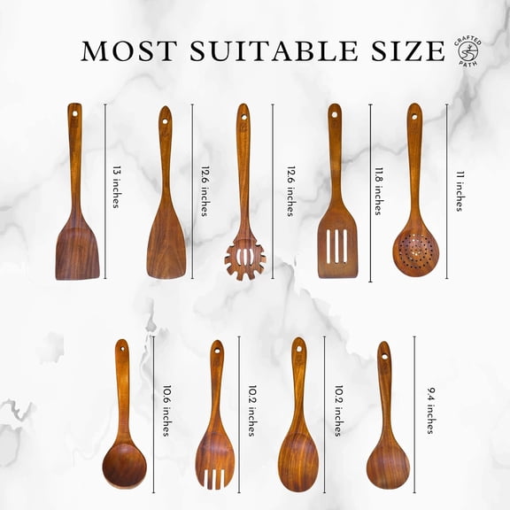 9-Piece Teak Wooden Utensil Set for Nonstick Cookware - Natural Wood Kitchen Spoons & Spatulas