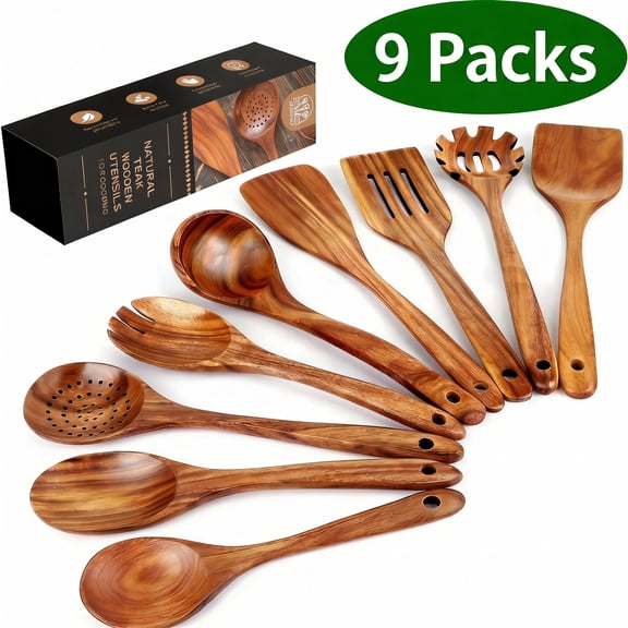 Natural Teak Wood Kitchen Utensils Set, 9 Piece Thickened Wooden Spoons and Spatula for Cooking, Non-Stick Heat Resistant Cookware, Brown