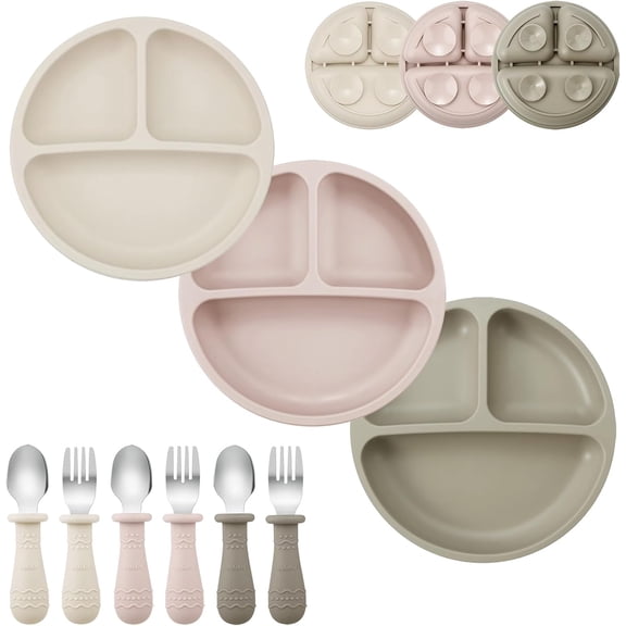 9-Piece Toddler Plates & Utensils Set, 3-Pack Suction Plates with 3 Spoons & 3 Forks, Silicone Baby Feeding Set