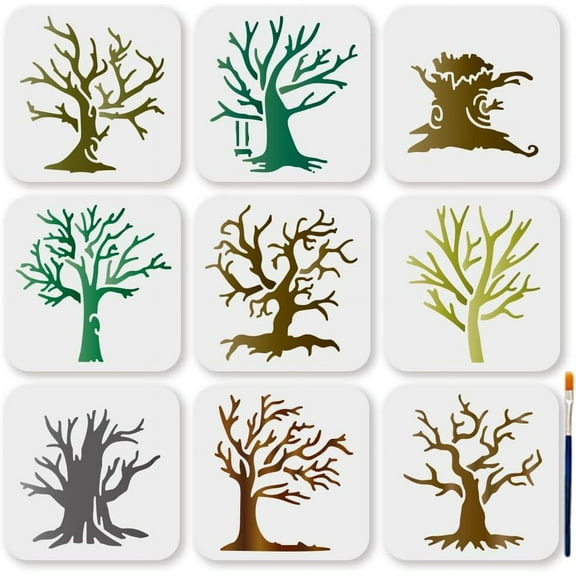 9-Piece Tree Stencil Set - 6x6 Reusable Dead Tree & Branch Templates with Brush for Wall/Floor Decor Canvas Art Spooky CraftsMixed Color