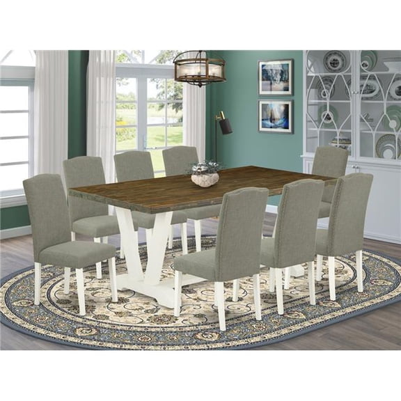 9 Piece V-Style Modern Dining Table Set - Dark Shitake, Distressed Jacobean & Linen White