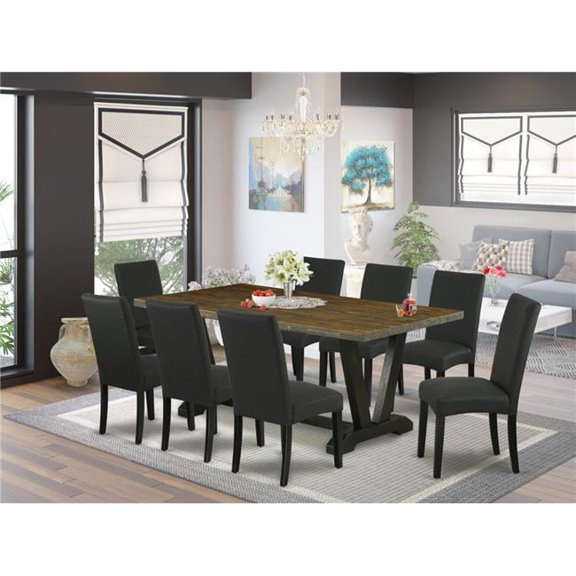 9 Piece V-Style Modern Dining Table Set - Distressed Jacobean & Black