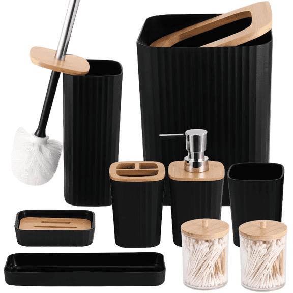 9pcs White Bathroom Set with Black Accents | Includes Trash Can, Soap Dispenser, Toothbrush Holder & Organizer Tray | Modern Housewarming Gift Set