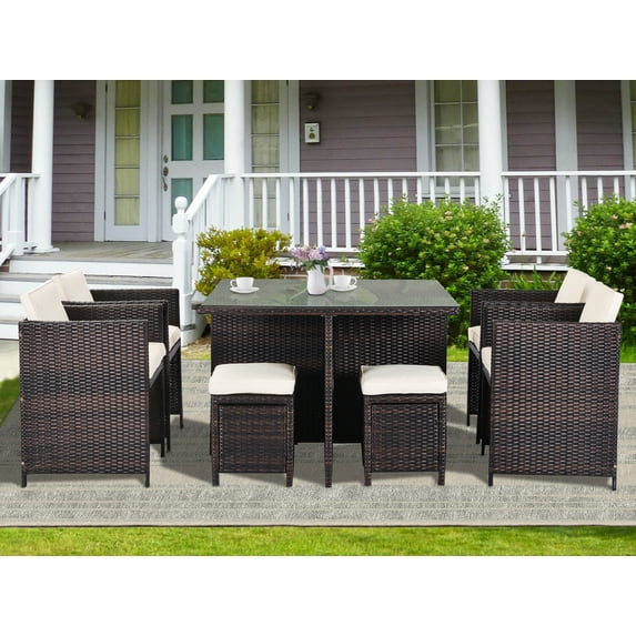 Patio Furniture Set, 9 Piece Outdoor Dining Table and Chairs Set with Glass Tabletop, Conversation Chairs Set for 8 with Ottomans, All Weather Wicker Sectional Sofa Set for Yard, Pool, Garden, D8289