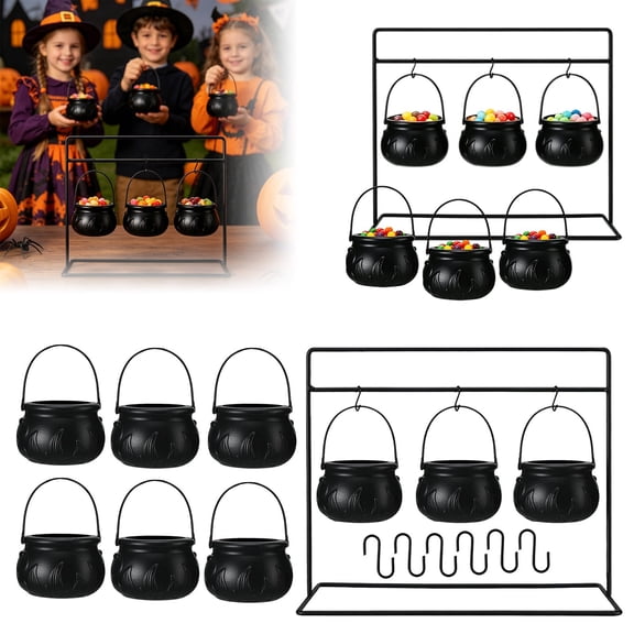 9 Piece Witches Cauldron Candy Serving Bowl Set with Rack and Hooks, Trick or Treat Cauldron Holder for Halloween Party, Spooky Table Decor for Indoor Home Hocus Pocus Use