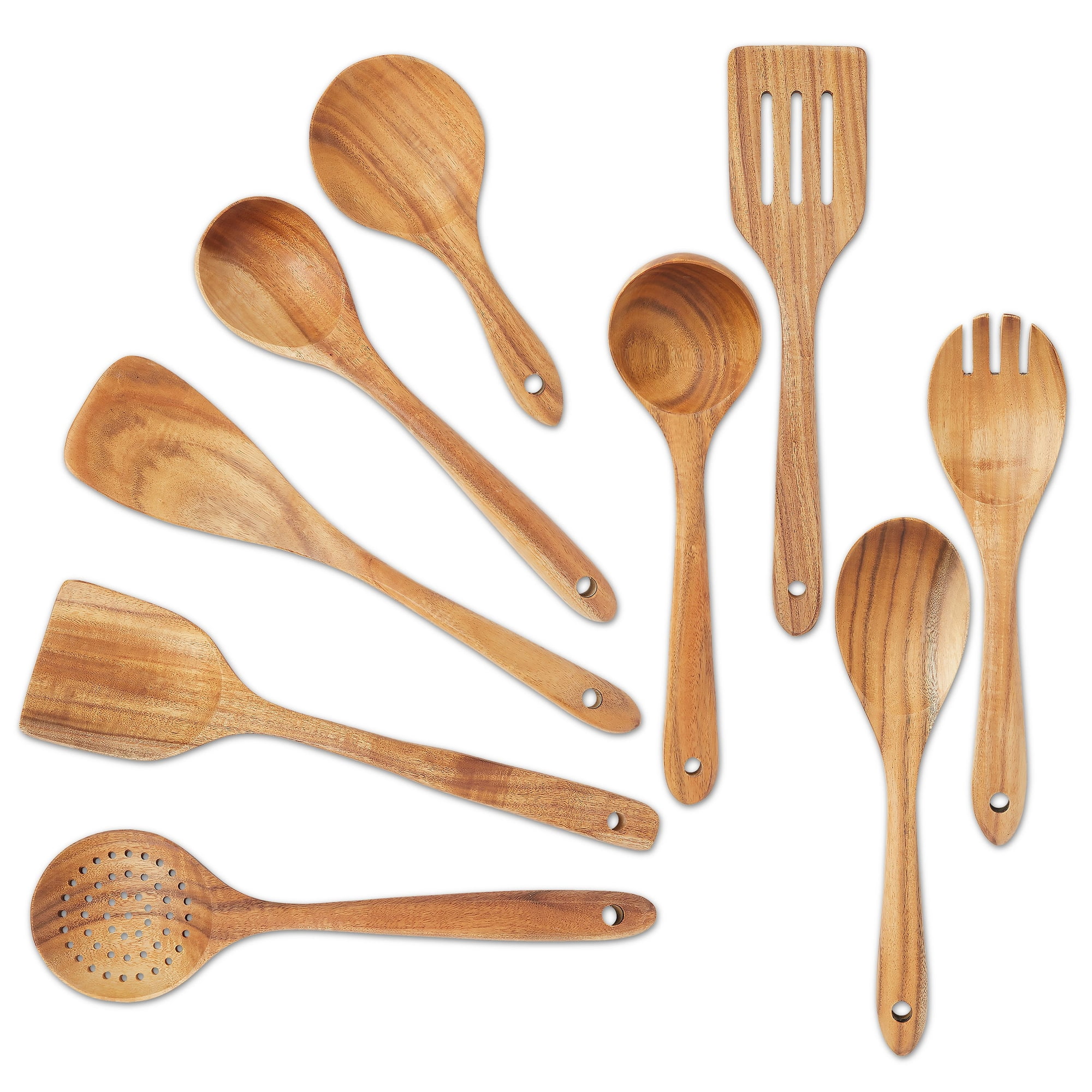 9 Piece Wooden Cooking Utensils Set for Kitchen with Spoons and