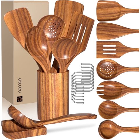 9-Piece Wooden Cooking Utensils  for Cooking – Wooden Spoons and Spatulas Teak Wood Kitchen Utensils Set, Holder, Spoon Rest, Hooks, Heat Resistant for Nonstick Cookware BPA FREE