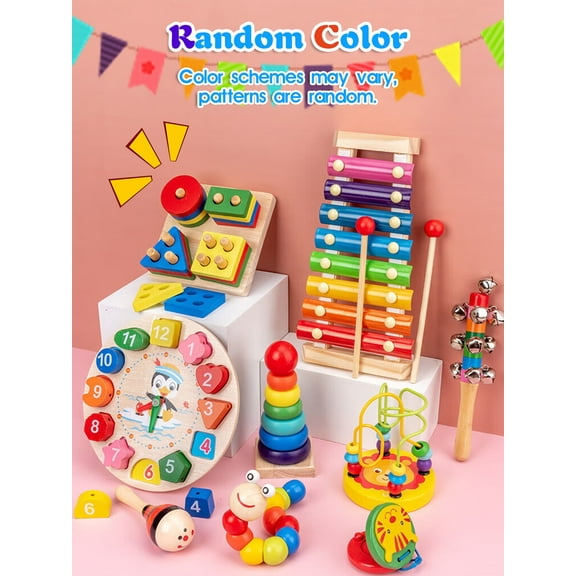 9-Piece Wooden Toddler Learning Set Montessori Musical & Educational Toys with Xylophone, Bell Stick, Maracas, Castanets, Bead Maze, Shape Sorter, Stacking Rings & Clock (Ages 1-3)