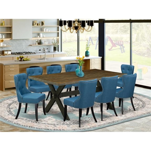9 Piece X-Style Dining Room Set - Distressed Jacobean & Black