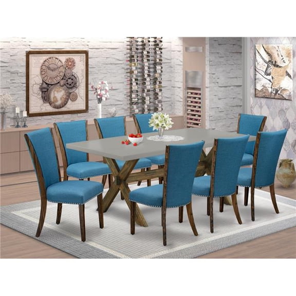 9 Piece X-Style Dining Set - Distressed Jacobean, Cement & Blue