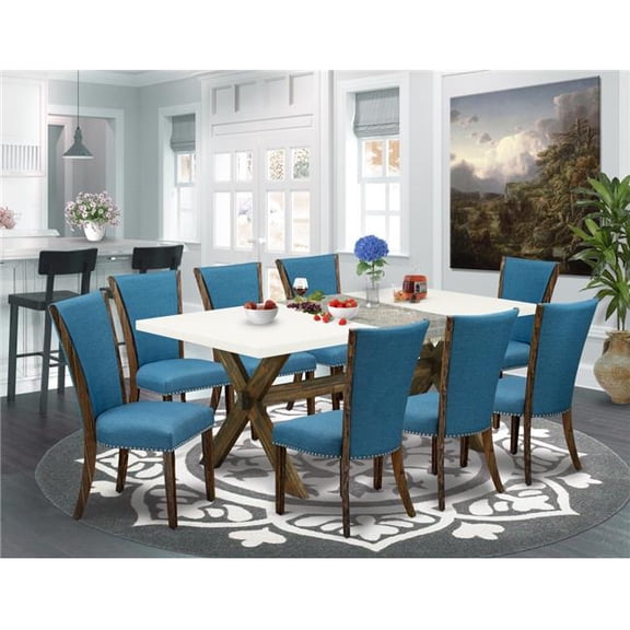 9 Piece X-Style Dining Set - Distressed Jacobean, Linen White & Blue