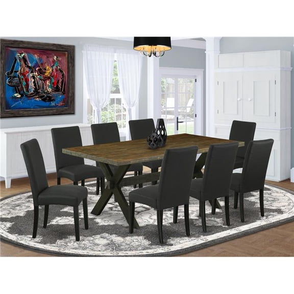 9 Piece X-Style Dining Table Set - Distressed Jacobean & Black