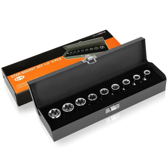 9 Pieces 1/2-Inch Drive External Torx Socket Set - E10, E11, E12, E14, E16, E18, E20, E22, E24, w/Tin Carrying Case