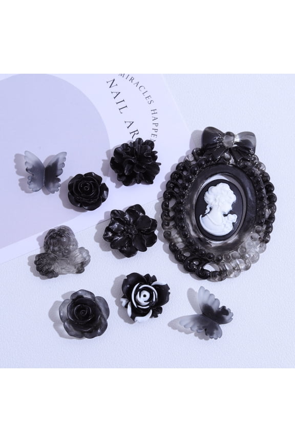9 Pieces 3D Resin Black Rose Flower Butterfly Charms Flatback Epoxy Beads for Bracelet Earring Necklace Craft DIY Making Supplies