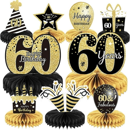 9 Pieces 60th Birthday Decoration 60th Birthday Honeycomb Centerpieces for Men and Women Sixty Years Birthday Party Decoration Supplies