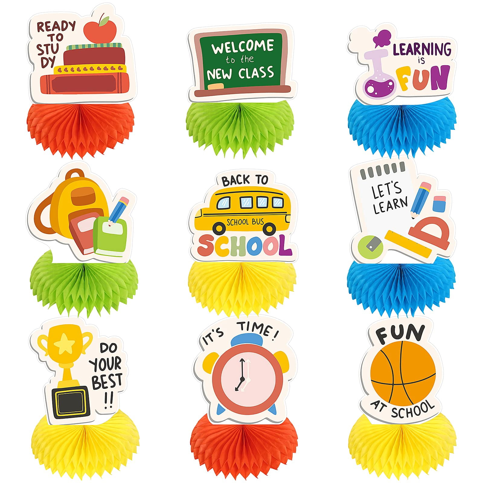 9-Piece Honeycomb Back To School Decor Set - Centerpieces For Classroom, Teacher Desk, First Day Party & Bulletin Boards