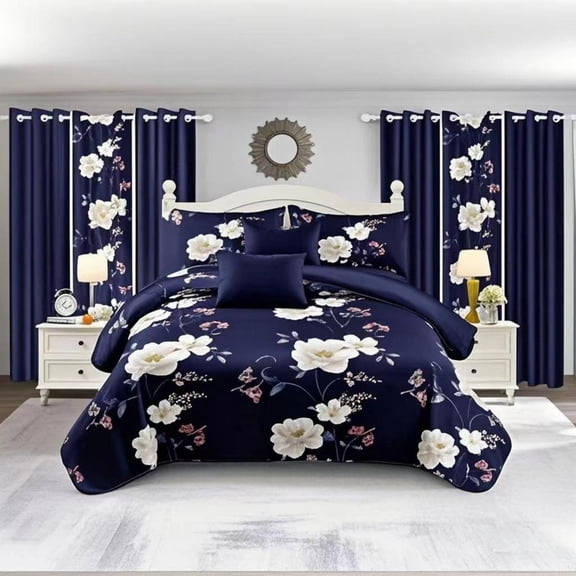 9 Pieces Bedspread Bedding Set with Matching Curtains,Cal King Size, Navy Blue and White Flower,Coverlet Quilted Bed Throw,Bedcover,Machine Washable,Gift for Wedding and Fastival