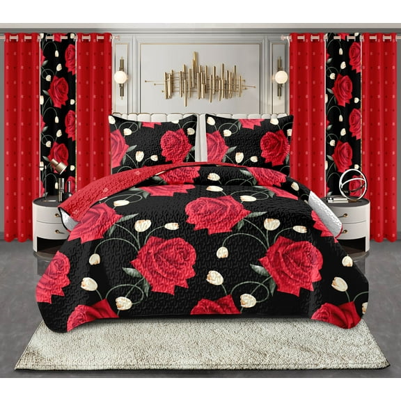 9 Pieces Bedspread Bedding Set with Matching Curtains,Queen Size, Black Floral Pattern,Coverlet Quilted Bed Throw,Bedcover,Machine Washable,Gift for Wedding and Fastival