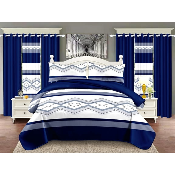 9 Pieces Bedspread Bedding Set with Matching Curtains,Queen Size, Blue and White,Coverlet Quilted Bed Throw,Bedcover,Machine Washable,Gift for Wedding and Fastival