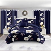 9 Pieces Bedspread Bedding Set with Matching Curtains,Queen Size, Navy Blue and White Flower,Coverlet Quilted Bed Throw,Bedcover,Machine Washable,Gift for Weddi