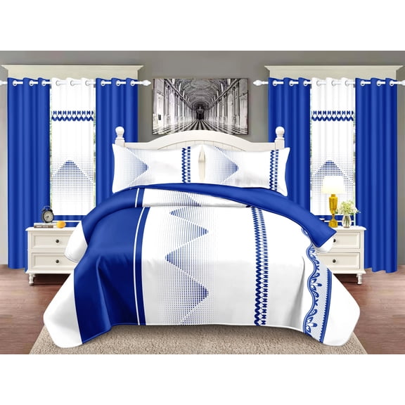 9 Pieces Bedspread Bedding Set with Matching Curtains,Queen Size,Royal Blue and White,Coverlet Quilted Bed Throw,Bedcover,Machine Washable,Gift for Wedding and Fastival