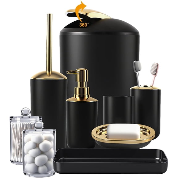 9 Pieces Black Bathroom Accessories Set, Gorgeous Gold Bathroom Set, Trash Can, Toilet Brush, Soap Dispenser and Toothbrush Holder, Soap Dish, Tumber, Qtip Holder, Tray, Sink Countertop Set Decor