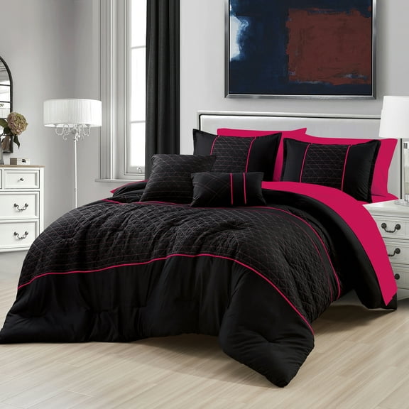 9 Pieces Black & Hot Pink Geometric Comforter Set, Modern Quilted Bed in a Bag, King